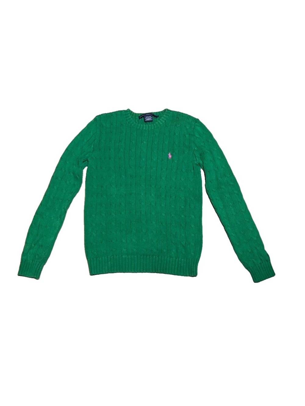 Ralph Lauren Sport Cable Knit 100% Cotton Long Sleeve Sweater Pink Green Large